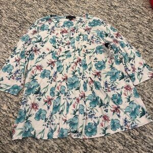 Blue and White Floral 3/4 Sleeve Blouse with Peter Pan Collar